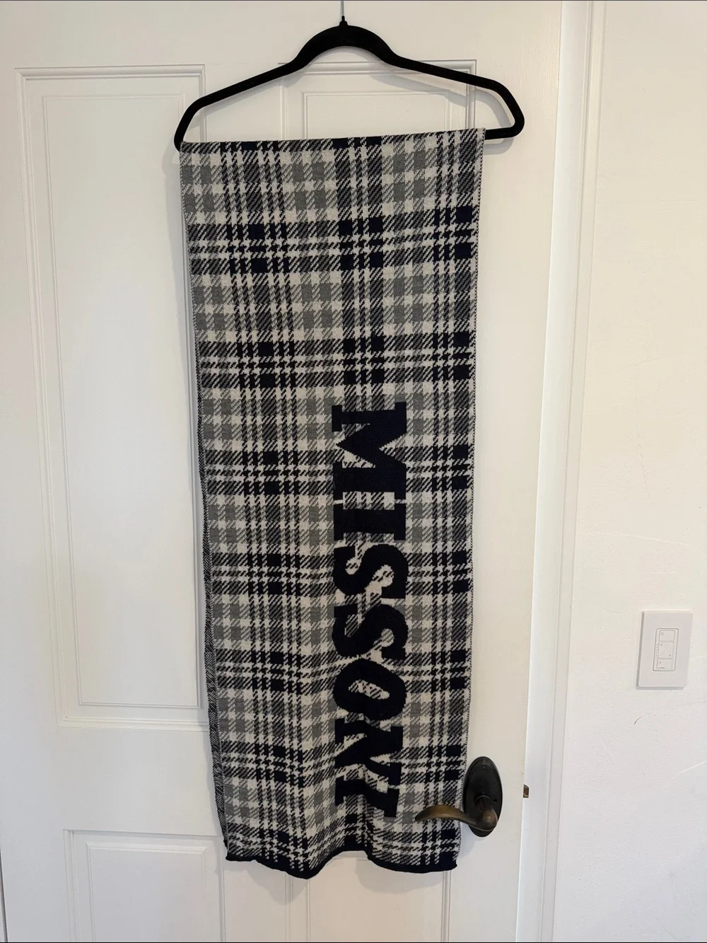 Missoni Navy, Gray and White Wool Blend Knit Scarf. Unisex